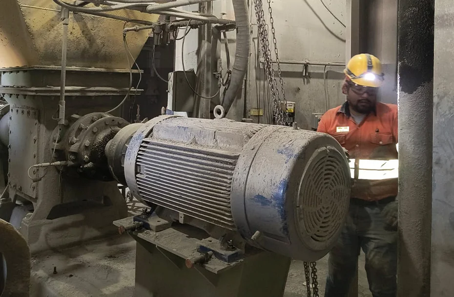 Técnico especialista realizando inspección visual y diagnóstico preventivo a un motor eléctrico de gran capacidad en planta industrial.